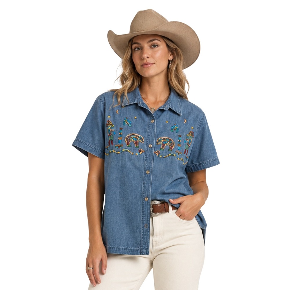 Vintage Passion Southwestern Embroidered Aztec Navajo Denim Shirt Short Sleeve S